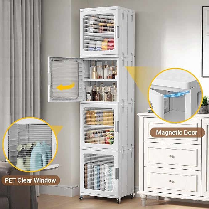 BROVIEW 4-Tier Tall Narrow Storage Cabinet 14.6” Wide, Slim Bathroom Cabinets with Adjustable Shelves and Doors, Plastic Kitchen Pantry Organizers and Storages for Small Space, Laundry, White