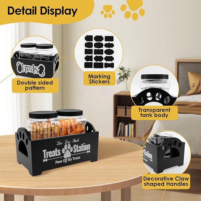UKQRRTC Wood Dog Treat Container with Jars and Stickers Anti Deformation Space Saving Dog Treat Organizer Dog Treat Station for Countertop (Black)