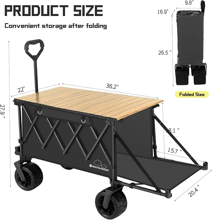 Whitsunday Collapsible Folding Wagon with Table, Heavy Duty Utility Beach Wagons with Opened Tailgate and All-Terrain Wheels for Camping,Garden,Sports (Max Black)