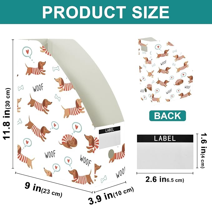 SPRIPORT Cute Pets Dogs White Pattern Water Resistant PP Magazine File Holder Organizer for Desk, Collapsible Storage Rack for School Library Office Document Sorter with Labels 23x30x10cm (3 Pack)