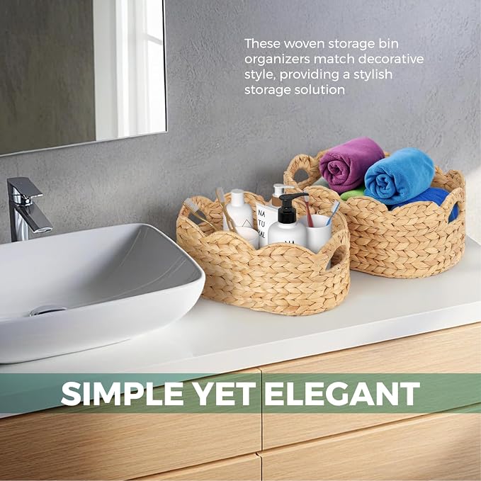 Scalloped Baskets (Natural-Set of 2), Storage Basket, Water Hyacinth Basket for Organizing and Decor, Hand-Woven Hyacinth Baskets with Built-In Handles for Living Room, Bedroom, Laundry, Pet toy,Food.