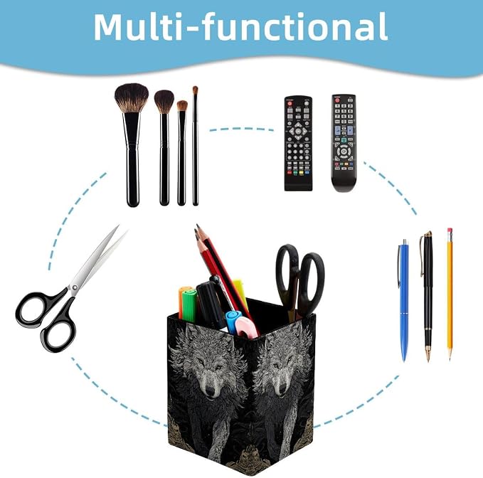 Wolf Pen Holder for Desk Decor, Rectangular PVC Leather Pencil Cup for Desk Pen Organizer, Makeup Brush Holder for School, Home, Office