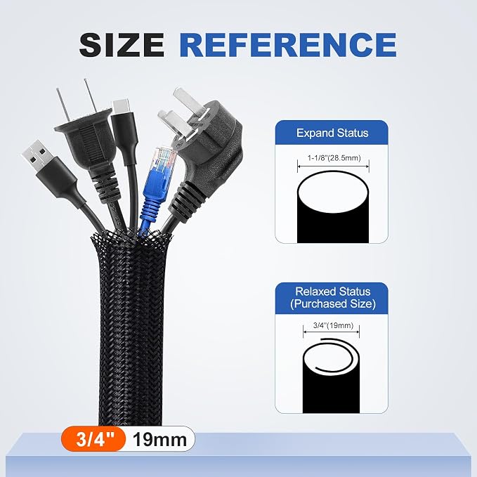 3/4" Cable Management Loom Wrap Sleeve Cord Wire Hider Organizer Covers | ELECFUN 16ft