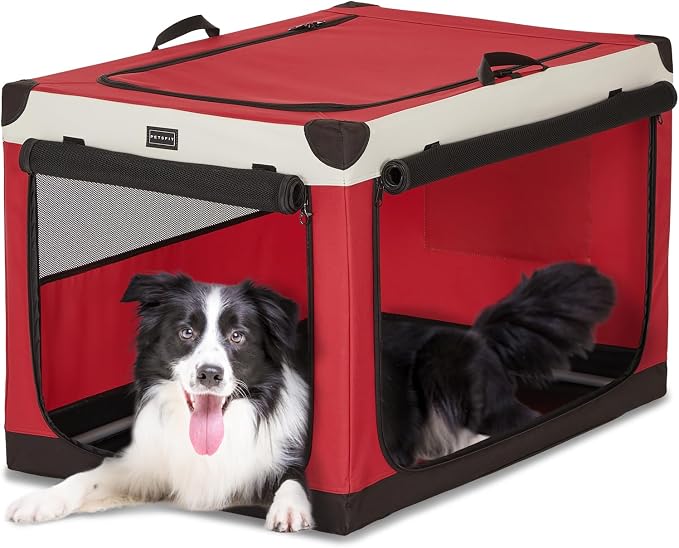PETSFIT 36" Soft Portable Dog Crate – Patented Spiral Sturdy Frame, Collapsible Travel Kennel for Medium & Large Dogs, 3 Mesh Door, Lockable Zippers, Indoor & Car Use Red
