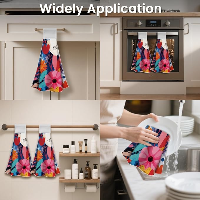 CUTHOLLOW Abstract Flowers Hanging Kitchen Towels with Loop, Set of 2 - Soft & Super Absorbent Microfiber Decorative Hanging Dish & Hand Towel, Tea, Coffee Towel for Kitchen Bathroom Oven Handle