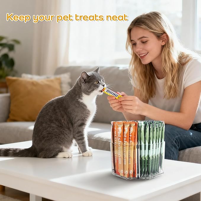Lickable Cat Treats Organizer, Lazy susan Acrylic Squeeze Up Cat Food Storage Container, Wet Cat Treats Storage for Kitchen Cabinet Pantry Shelf Countertop(Rhombus)