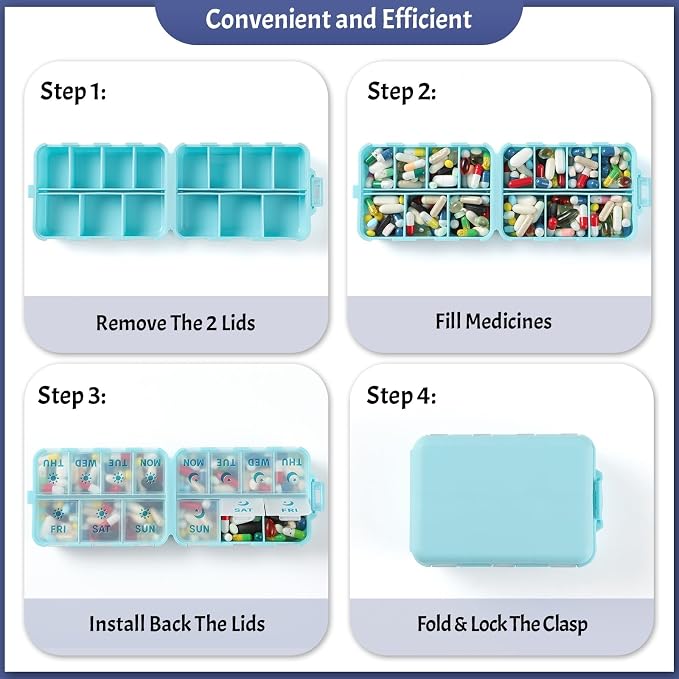 NEW Foldable & Double Protection Portable Weekly Pill Organizer 2 Times A Day with Etched Labels, AM PM 7 Day Week Medicine Box, Daily Travel Pill Case Dispenser for Vitamin, Supplement - Sky Blue