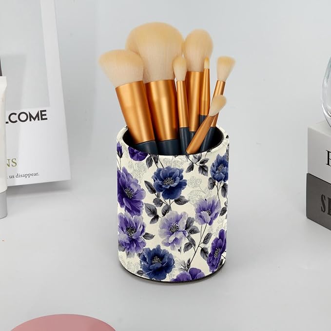 Faux Leather Pen Holder for Desk, Pencil Organizer Purple Flowers Pen Cup Desk Decor Makeup Brush Holder Storage for Office Home