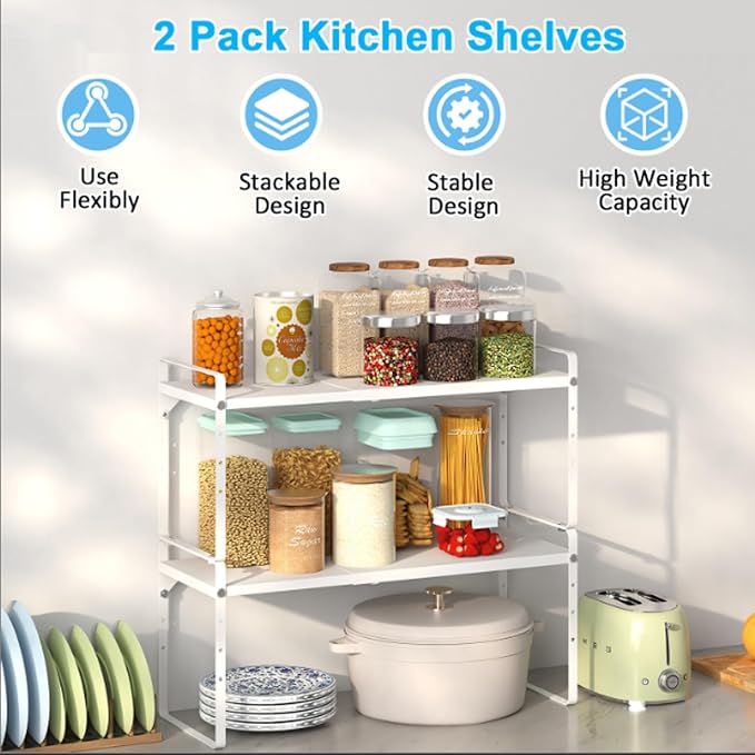 15.5 to 25.5 Inch Kitchen Cabinet Shelf Organizers, Adjustable Kitchen Counter Shelf Organizer, Set of 3 Expandable Countertop Storage Shelves, Stackable Design, 30LBS Heavy Duty, Space Saver