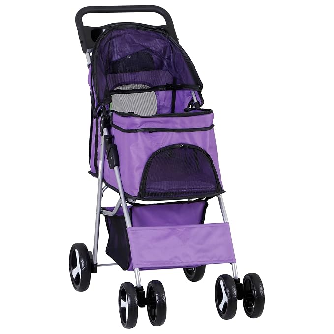 Pet Stroller for Medium Small Dogs - Easy to Walk Folding Travel Carrier Strolling Cart with Cup Holder, Weather Cover and Storage Basket (Purple)