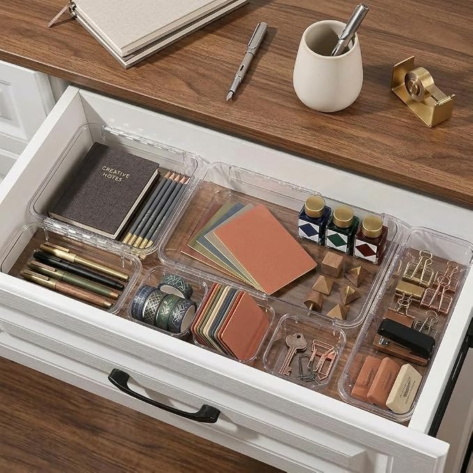 14 Pcs Expandable Clear Drawer Organizers, 3-Size Adjustable Storage Bins | Extendable Plastic Boxes, Thick Durable Arcrylic Bins for Makeup Jewelry Stationery Utensils Dresser Office Kitchen DIY Tools