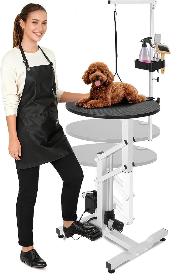 Electric Hydraulic Lift Dog Grooming Table – 24 Inch Rotating Desktop, Overhead Arm, Foot Remote, Tool Organizer, 250LBS Capacity – Ideal for Small Pets