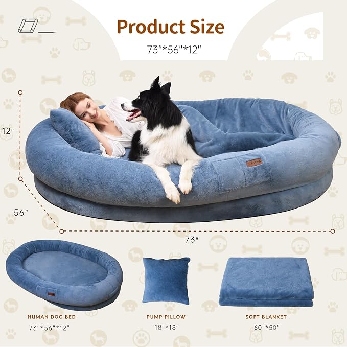 Fvkind Human Dog Bed, Adult Dog Bed, XXL Dog Bed, 73"x56"x12", Blue | Oversized Adult Dog Bed for Humans, Soft Plush Faux Fur Washable Cover, Thick Foam Support, Cozy Orthopedic Human Pet Bed