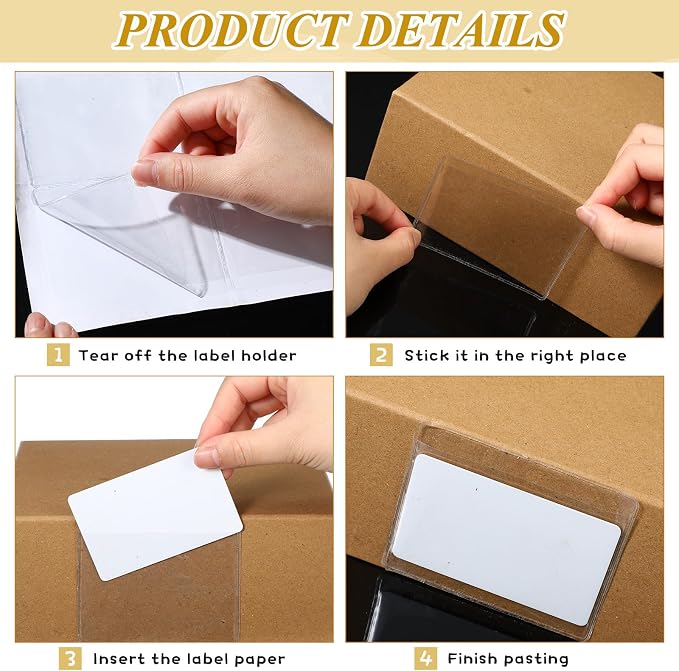 Jeyiour 100 Pcs Label Holders Adhesive Nameplate Pockets Storage Bin Labels Index Card Holder Shelf Plastic Peel Stick for Classroom Supermarket Bookshelf Library Student Box Drawer (3.6 x 2.9 Inch)