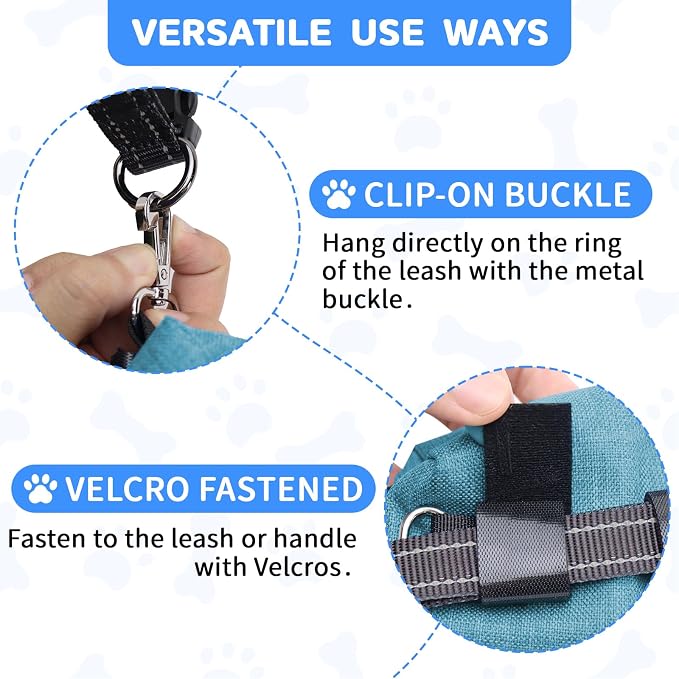 Dog Poop Bag Holder with Treat Pouch, 2 Zipper Pockets & Leash Clip | Waste Bag Dispenser with 1 Roll Poop Bags, Quick Access Treat Storage, Hands-Free Design for Dog Walking, Training & Travel