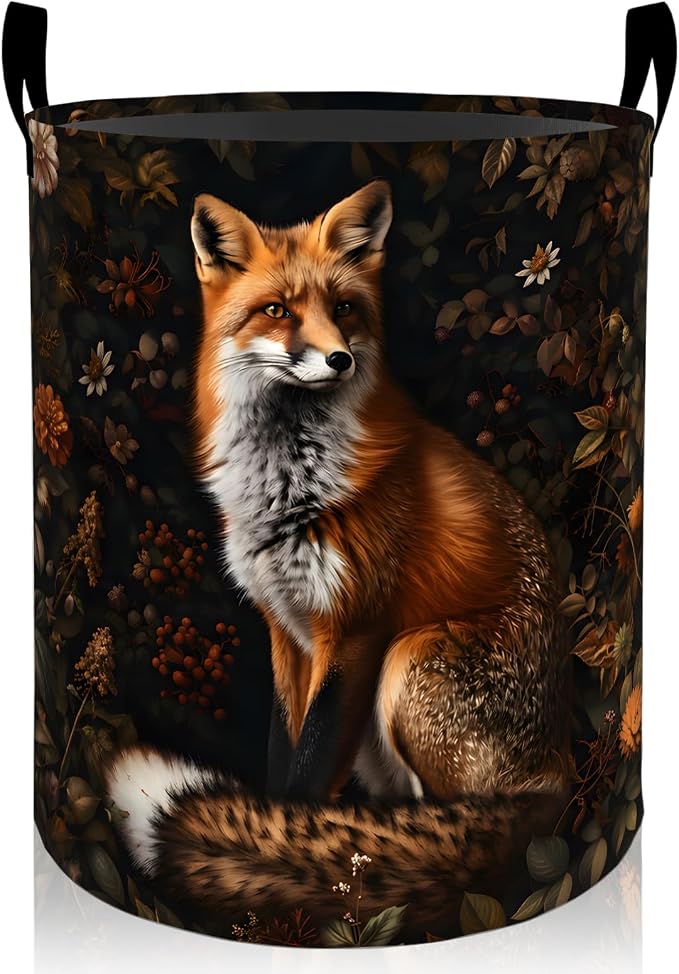 Rustic Fox Floral Laundry Basket, Woodland Animal Foldable Oxford Cloth, Waterproof Dirty Clothes Hamper with Handles, Clothing Storage Bin Toy Organizer for Bedroom Dorm Bathroom, 19.7"x15.7"