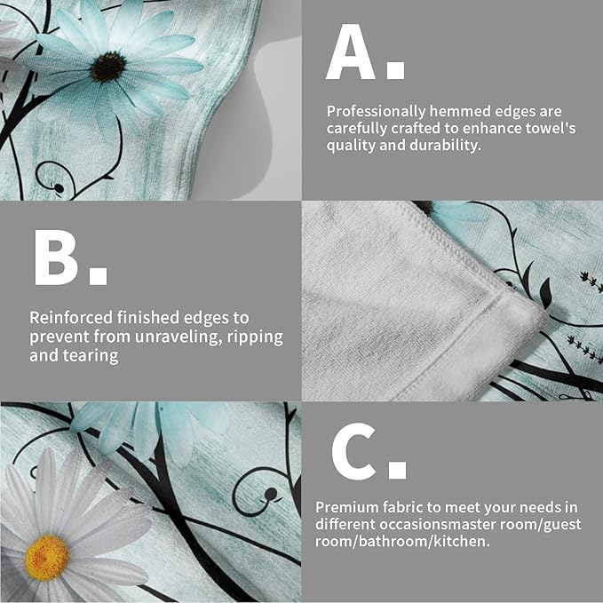 Giwawa Daisy Towel Set of 2, Spring Teal White Floral Hand Fingertip Towels, Turquoise Flowers Butterfly Face Kitchen Towel Fast Dry Dish Wash Cloth for Hotel Bathroom Gym Home Spa Decor