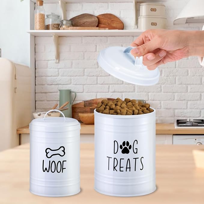 Dog Treat Container Airtight Set of 2, 9x5.5''&7x4'', 12Cup Capacity(White) | Large Capacity Dog Treat Jar Suitable All Popular Treats,Airtight Lid Keep Food Fresh,Dent-Resistant Durable Metal Cookie Jar