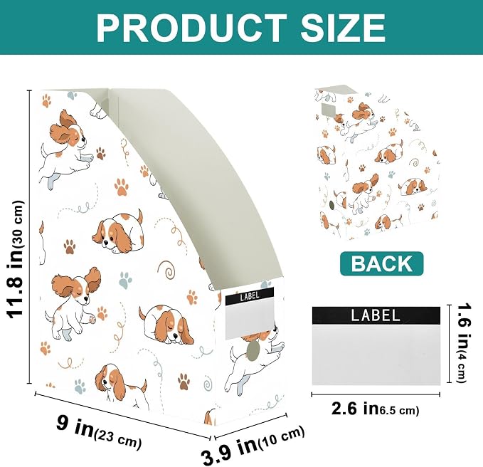 SPRIPORT Cute Pets Puppies Paw Pattern Water Repellent PP Magazine File Holder Organizer for Desk, Foldable Storage Rack for Office School Library Document Sorter with Labels 23x30x10cm (3 Pack)