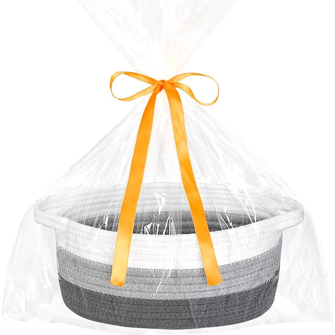 ABenkle Small Basket Empty Gift Basket, Decorative Boho Rope Woven Nursery Storage Organizer Dog Toy Baskets for Baby Showers Christmas Easter with Gift Bags and Ribbons, 12"X 8" X 5"