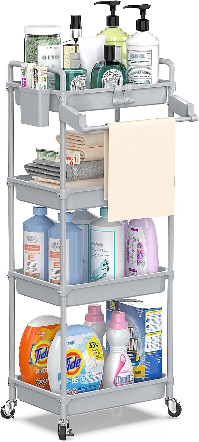 SPACEKEEPER Rolling Storage Cart, 4-Tier Bathroom Organizer Utility Cart Laundry Room Organization Mobile Shelving Unit with Towel Rack, Lockable Wheel, Hooks & Cup for Kitchen Bedroom Office, Grey