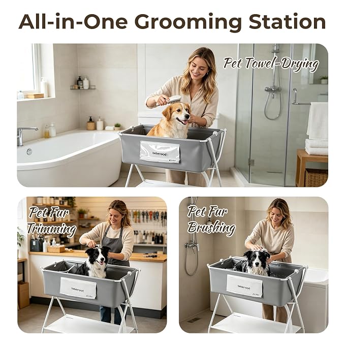 Dog Bathtub Dog Washing Station with Scrubber for Medium Dogs 135lbs or Two Small Pets, B4 Plus Foldable Dog Tub for Bathing and Grooming, Portable Collapsible Dog Shower Tub