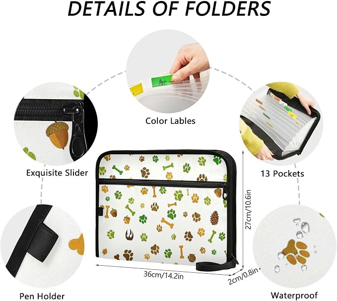 Autumn Pet Paw Print Pattern Expanding File Folder with Sticky Labels, 13 Pockets Accordion File Folder Document Organizer Expandable Zip File Folder with Zipper Closure