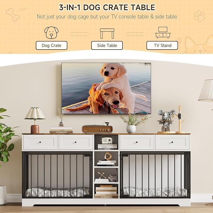 GarveeHome 82" Double Dog Crate Furniture with Drawers and Shelves, White | Heavy Duty Wooden Dog Crate TV Stand, Large Dog Kennel Indoor for 2 Medium/Large Dogs