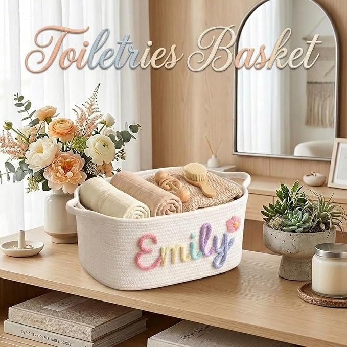 Personalized Woven Gift Basket Empty for DIY Hampers | Custom Embroidered Name Storage Bin for Baby Nursery, Pet Toys - Diaper Caddy Organizer - Cotton Rope Cats Bed