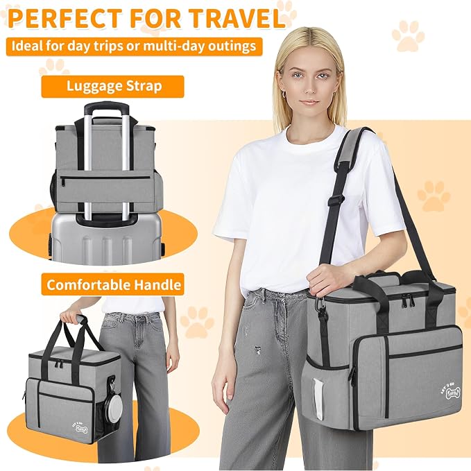 TORIBIO Large Dog Travel Bag for Supplies with Food Bowl | With 2 Food Container and Collapsible Bowls, Mat & Divider, Water-resistant, Pet Travel Kit for Weekend, Road Trips, Camping
