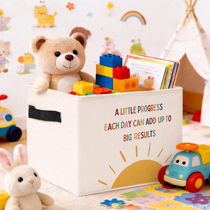 Progress Sun Foldable Fabric Storage Bin | A Little Progress Each Day sun pattern design; foldable fabric storage bin for kids room, nursery, toys, books, clothes.