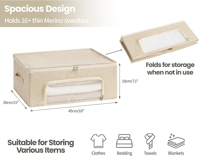 2-Pack Cashmere Sweater Storage Bags for Wool with Cedar Blocks, Beige | Breathable Cashmere/Wool Garment Storage, Mesh Window, Rigid PP Support, Cedar Protection, Foldable Closet Clothes Storage