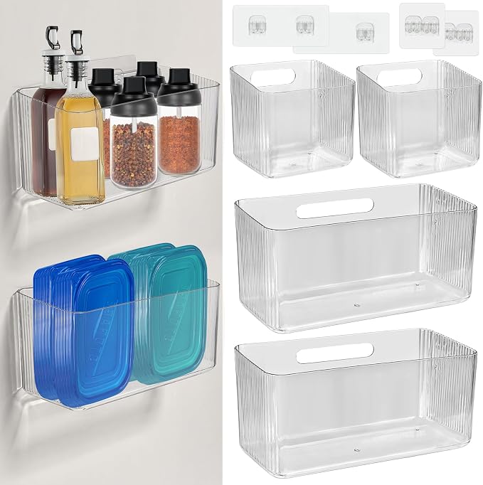4 PCS 2 Size Plastic Adhesive Mount Over Cabinet Door Organizer, Under Sink Door Storage Shelf Refrigerator Side Storage Box, Wall Organization Container for Kitchen Bathroom Office