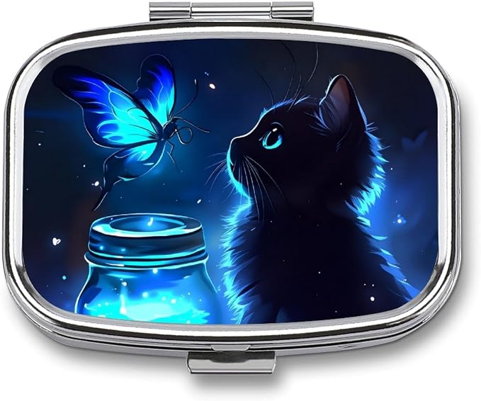 Black Cat Pattern Durable Metal Pill Case for Daily Use, 2 Slot Medicine Box Organizer,Leak Proof Travel Pill Container for Vitamins, Compact Pocket Medicine Holder for Seniors,Holiday Gift