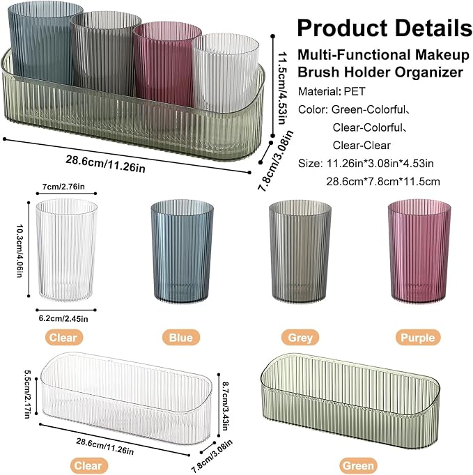 DASITON Makeup Brush Holder Organizer with 4 Cup, Vintage Striped Make Up Brush Holder for Vanity, Bathroom Toothbrush Holders, Acrylic Cosmetic Brushes Storage Organizer Pen Holder (Green+Multicolor)