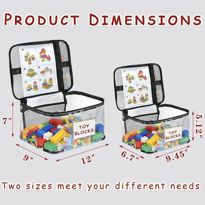 6-Pack Clear Toy Storage Bags Extra Large with Mesh Pocket, Toy Organizer with Name Tags and Marker TPU Waterproof for Lego, Puzzles, Building Blocks, Small Toys