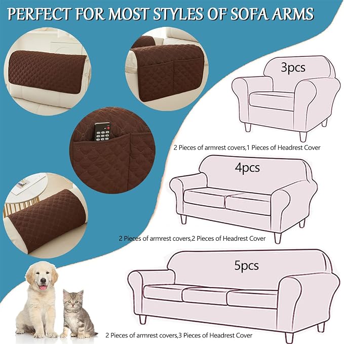 Water-Resistant Sofa Armrest and Headrest Covers, 2 Pockets | Quilted polyester helps shield recliners, loveseats and sofas from daily wear; silicone backing and fasteners improve grip