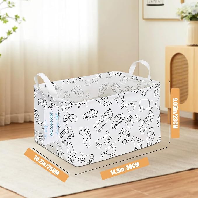 Rectangular Collapsible Vehicle Storage Basket Nursery Organizer | Storage Bin Foldable Canvas with Handles for Organizing Home Kitchen Children Toys Office Closet Shelf Baskets