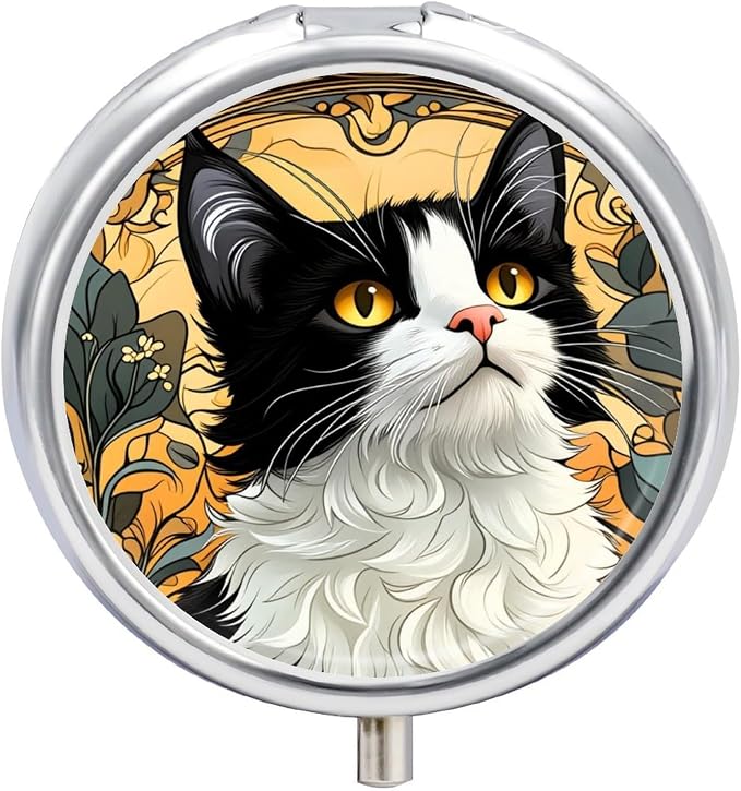 Cat Metal Round Pill Box, 3 Compartment Travel Organizer, Portable Pill Container with Secure Latch, 2 Inch Circular Vitamin Caddy for Pills and Vitamins, Gift for Him Her Elderly