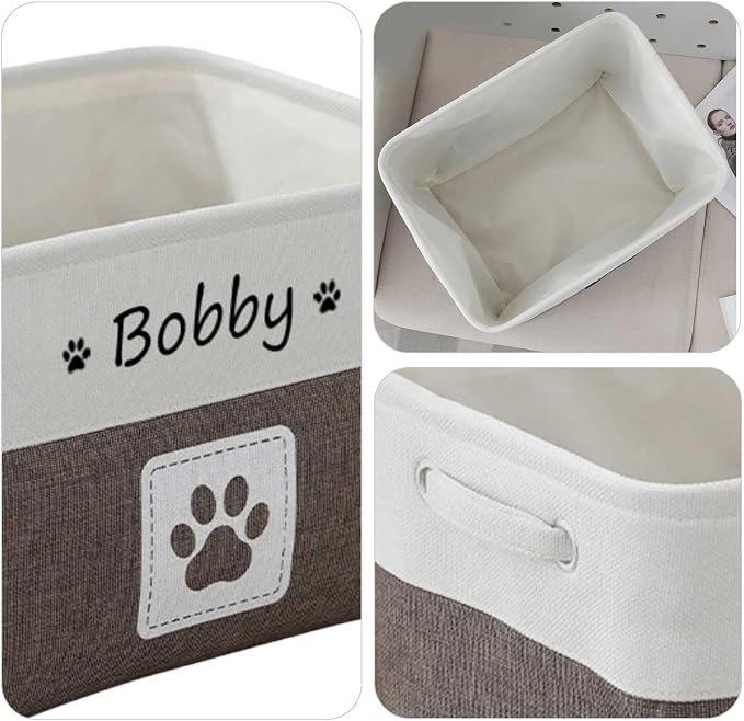 Custom Name Pet Dog Toys Basket/Bin, Paw Custom Personalized Logo Cat Clothes Box Accessories Organize Storage Bin, 4 Patterns Round Paw, Classic Paw, Heart or Name Only (Brown)