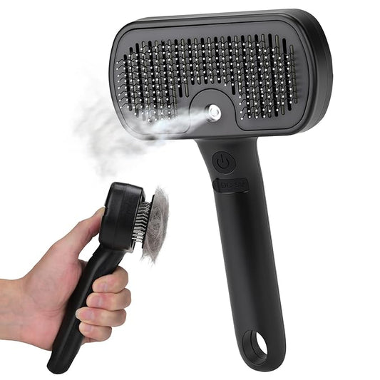 Pet Steam Brush, 3-in-1 Cat and Dog Grooming Brush for Shedding, Pet Hair Cleaning, Massage, Self Cleaning Spray Comb for Long and Short Hair (Black)