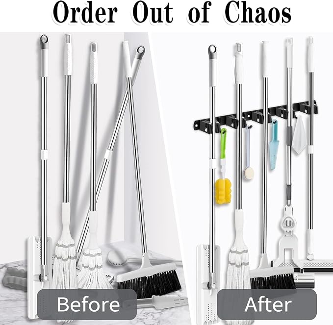 Black Broom Holder Wall Mount, 5 Racks 4 Hooks Mop and Broom Organizer | Mop Holder Wall Mount and Broom Hanger for Garage, Laundry Room, Kitchen and Utility Storage