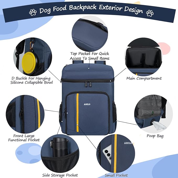 ANILD Dog Travel Bag Backpack, Flight-Ready TSA-Approved Dog Travel Bag with 2 Leak-Proof Food Canisters, 2 Foldable Silicone Bowls, Multi-Compartment Organizer for Hiking, Camping, Dog Mom Essentials