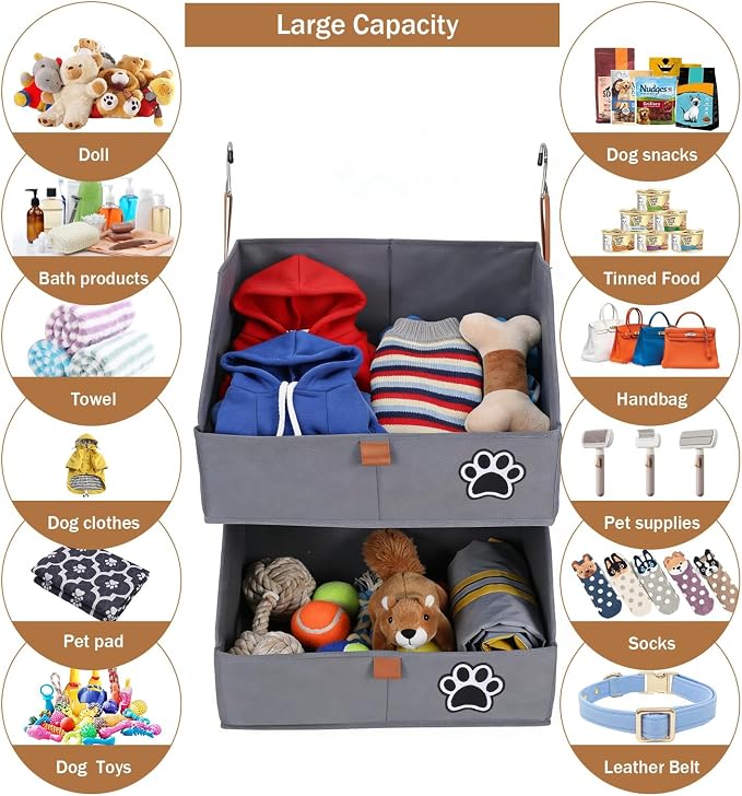 2-Tier Dog Shelves Storage Organizer, Dog Toy Basket, Hanging Closet Organizer for Pet, Fabric Storage Bins Dog Cabinet, Collapsible Baskets for Dog Toys,Collar,Clothes,Blanket -Grey