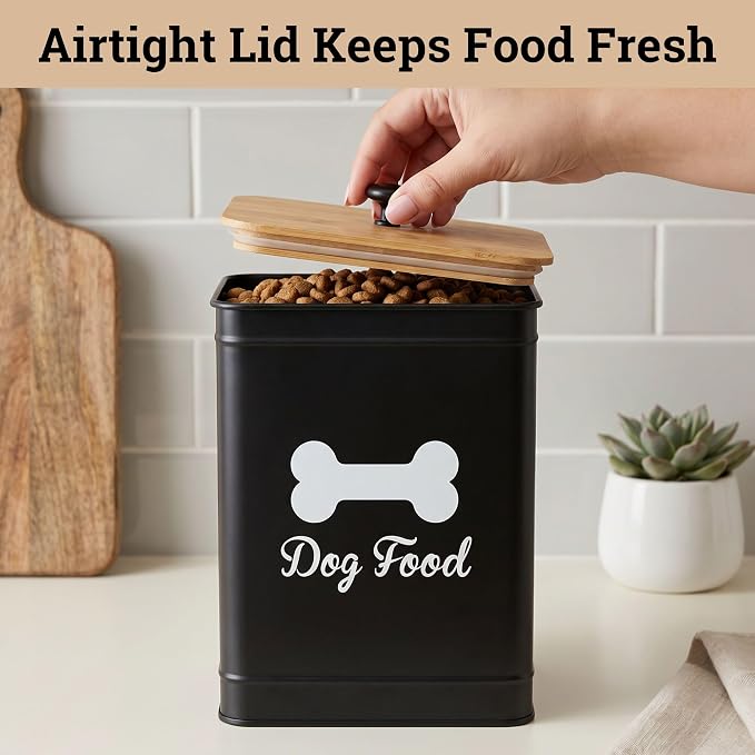 Metal Dog Food Container 5-7lb, 25 Cup w/ Airtight Bamboo Lid, Metal Handle | Pet Jar For Dogs up to 50lbs, Airtight Bamboo Lid, Sturdy Comfortable Metal Handle, Powder Coated Iron, Kibble Storage Bin