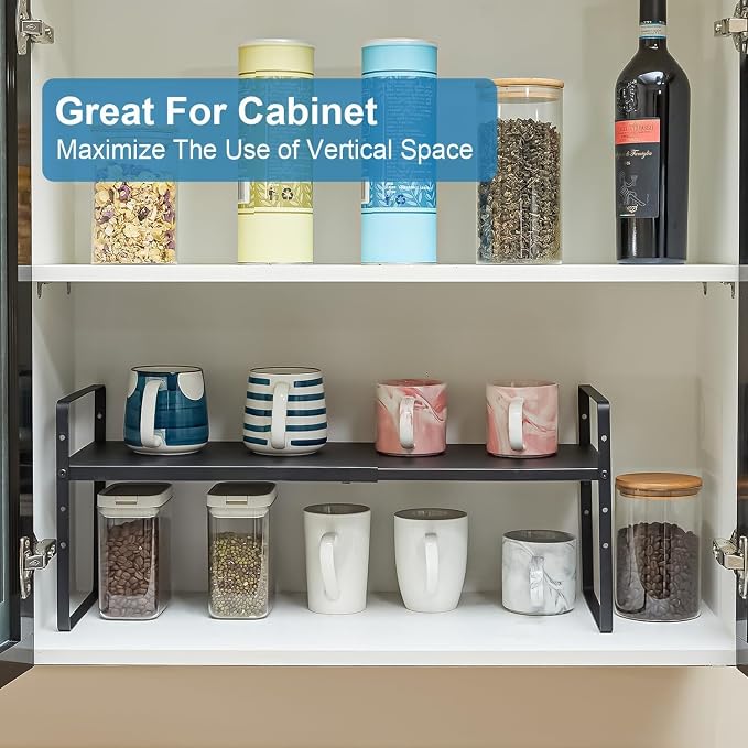 Set of 2 Expandable Cabinet Shelf Organizer, Stackable Kitchen Countertop Shelves Spice Racks, Small Metal Storage Shelf For Cupboard Counter Tabletop, 30 LBS Heavy Duty, Adjustable, 13.8" to 21.6"