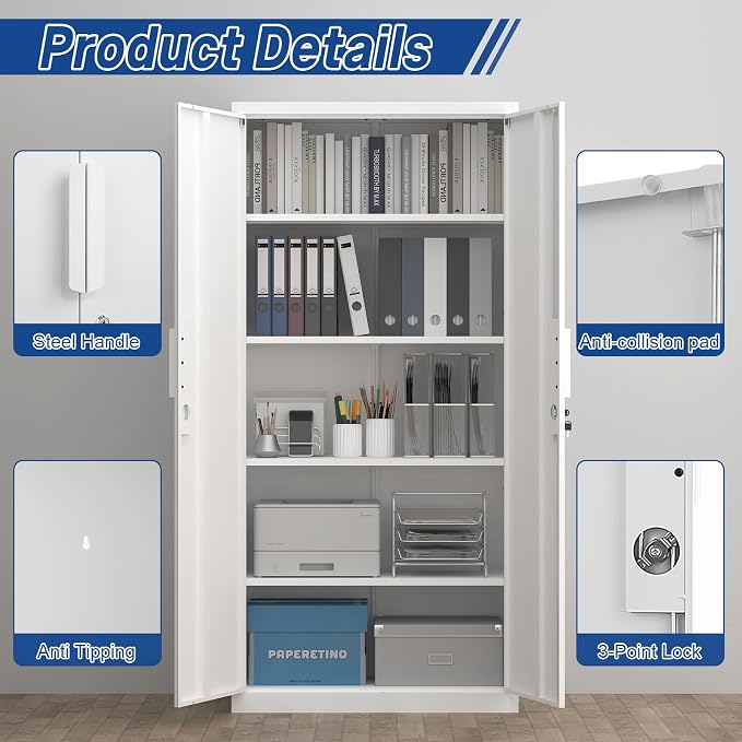 72" H Metal Garage Storage Cabinet with 2 Doors and 4 Shelves, White Steel Locking File Cabinet, Metal Storage Cabinets for Office, Home, Garage, Gym, School