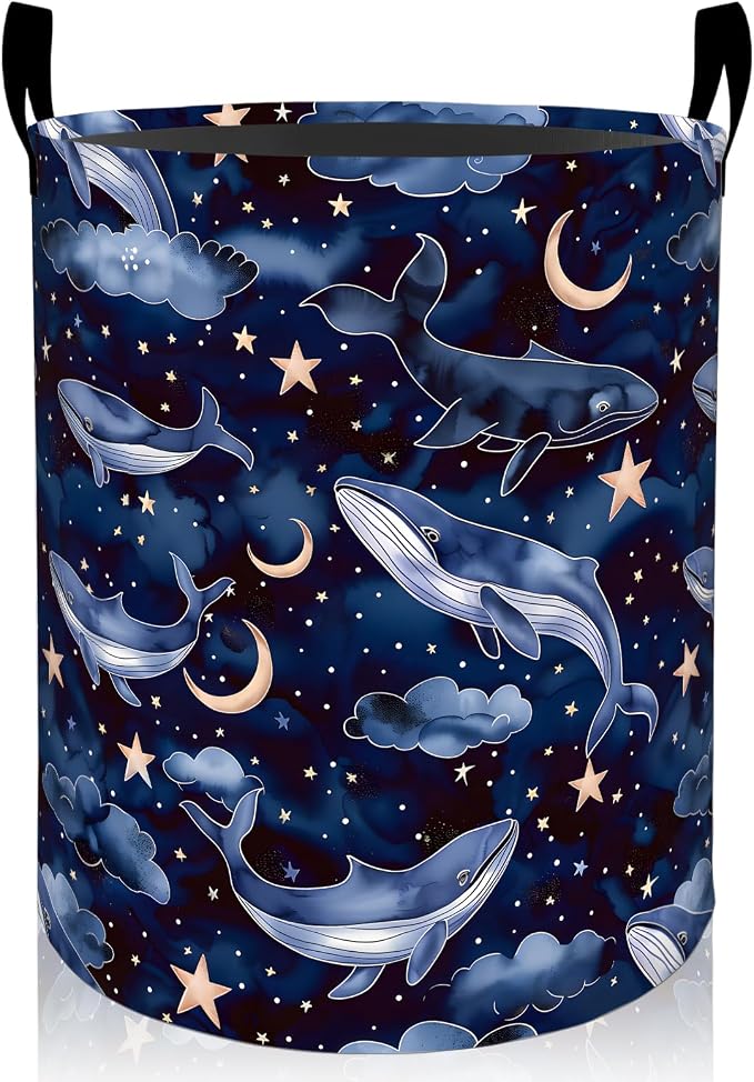 Dreamy Whale Laundry Basket, Moon Star Night Sky Foldable Oxford Cloth, Waterproof Dirty Clothes Hamper with Handles, Clothing Storage Bin Toy Organizer for Bedroom Dorm Bathroom, 19.7"x15.7"