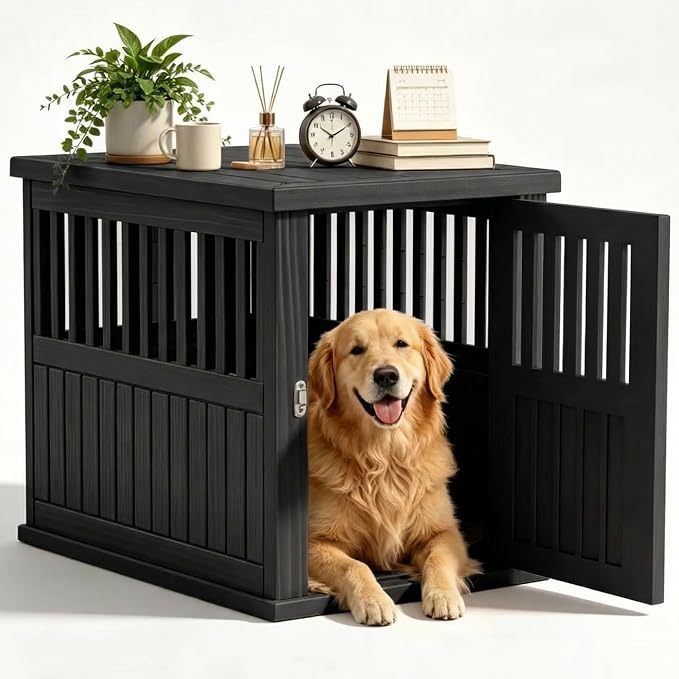 EFU 40 Inch Large Dog Crate Furniture, Indoor Dog Kennel, Puppy Pet House | Resin Pet House End Side Table, Waterproof Puppy Crates Cage for Large Medium Dogs to 70 lb, Black