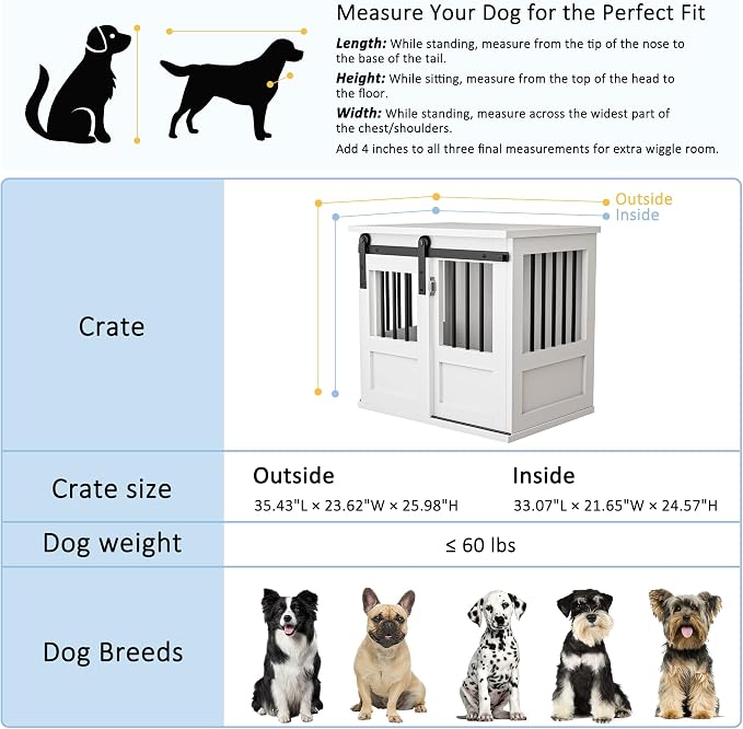 36" Wooden Dog Crate Furniture,Big Kennel Pet Cage End Table for Indoor | for Large Medium Dogs, White, Fits Living Room Bedroom, Heavy Duty Steel Frame,Sliding Barn Door,60 lbs Cap, 100 lbs Top.